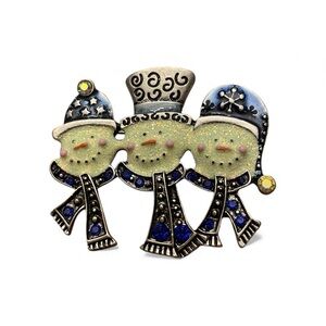 Vintage Snowmen Friends Brooch Glitter Enameled Blue White Silver Rhinestones